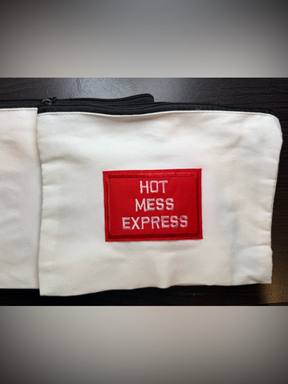 Hot Mess Express White Canvas Zip Pouch with Red Patch. BUNDLE